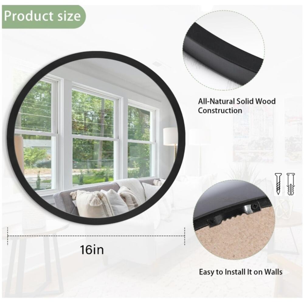 JJUUYOU 16” Round Wall Mirror Black Wood Frame Farmhouse New Open Box - Picture 2 of 5